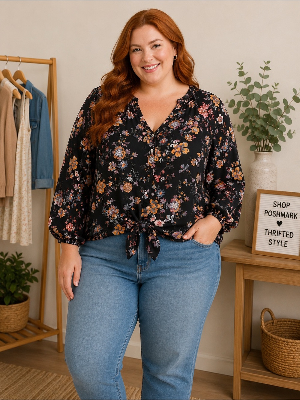 Sweet Rain Black Floral Tie-Front Blouse